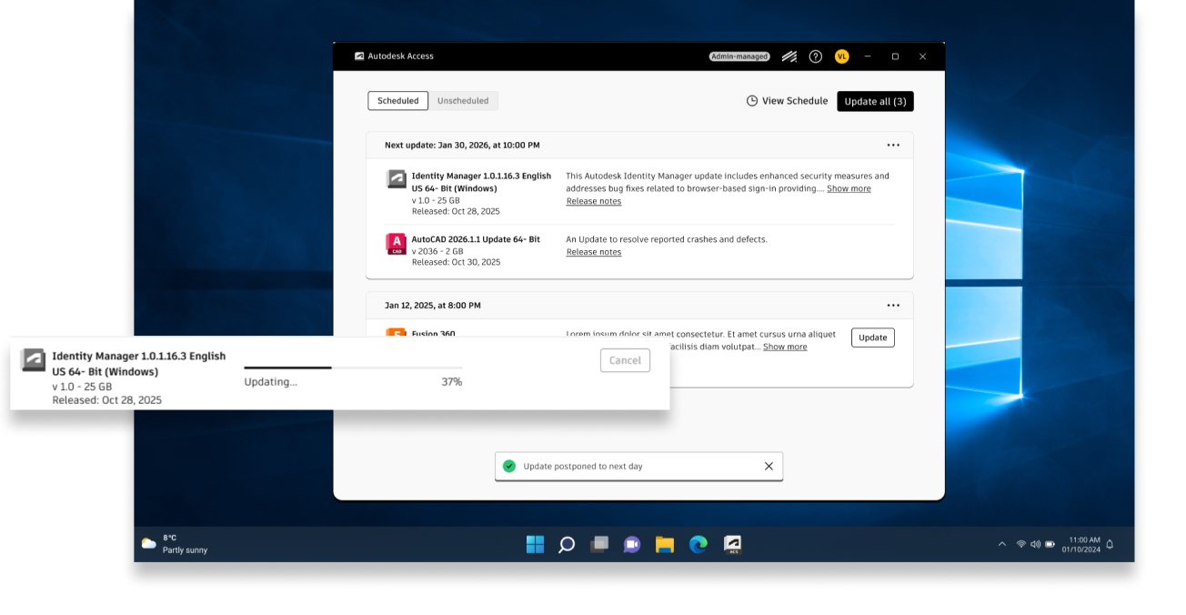 Autodesk Access showing the scheduled updates list with an update in progress and a 'postpone to next day' toast