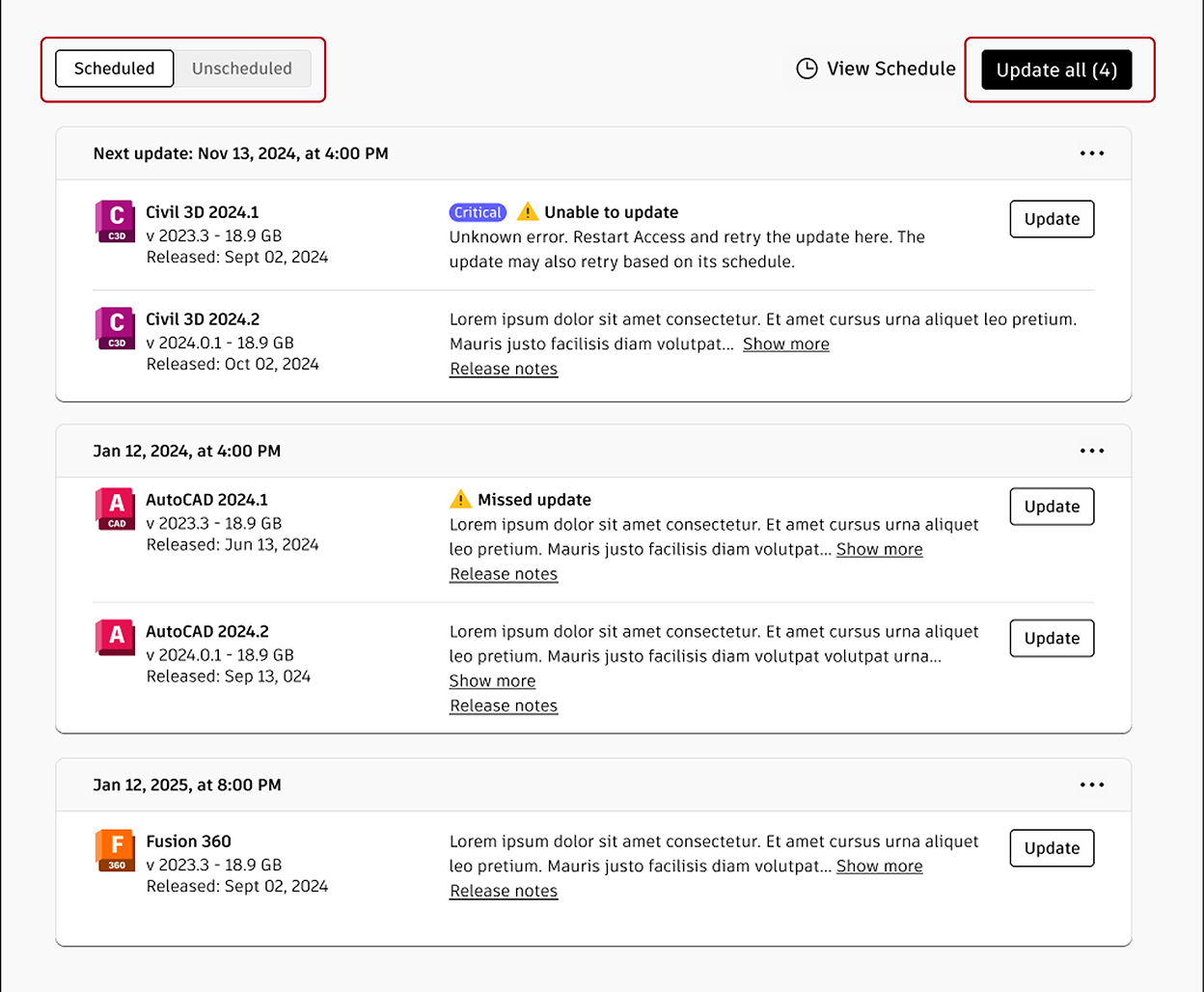 Variant C — Scheduled and Unscheduled toggle, Update all missed and available