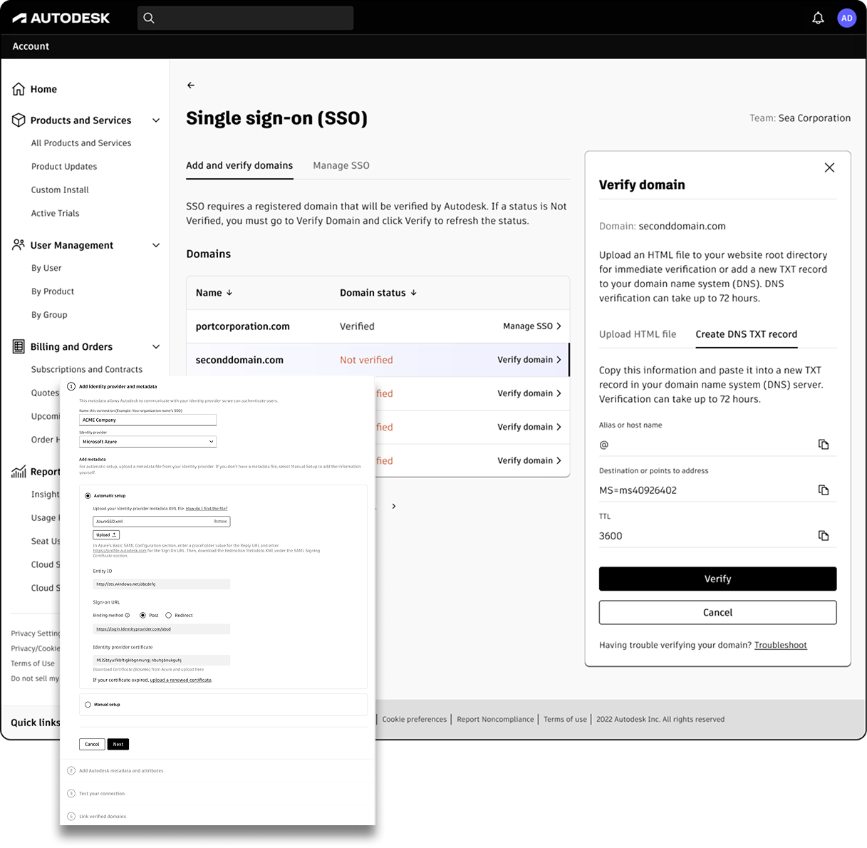 Autodesk Account portal showing the self-serve SSO configuration screen